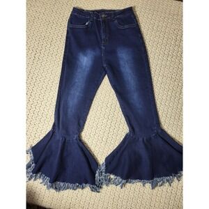 Unbranded Bell Bottom Ruffle Jeans Womens Size M Dark Blue Excellent Frayed Hem